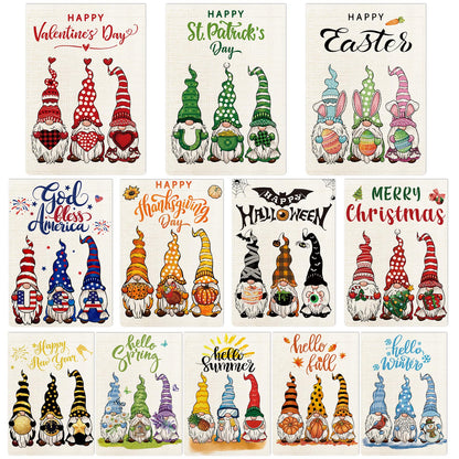 YOVOYOA Gnomes Seasonal Garden Flags Set of 12, All Seasons and Holidays, Burlap, 12x18 inch, Double Sided, Fade Resistant, Outdoor Decor