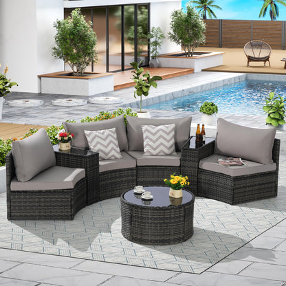 KEIKI 7-Piece Half-Moon Outdoor Patio Furniture Set, Rattan Patio Conversation Set with Coffee Table & 2 Sofa Side Table & 4 Curved Armless Sofa, Wicker Curved Sectional Sofa Set, for Backyard, Gray