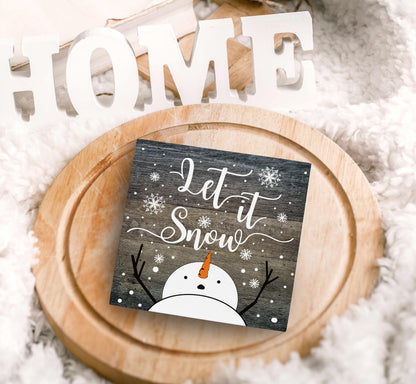 SRADMO Let It Snow Christmas Wooden Sign Desk Decor, Snowman Christmas Decor, Rustic Winter Snowflake Wood Block Signs for Home Office Xmas Party Holiday Desk Table Shelf Decorations, 5x5 Inches