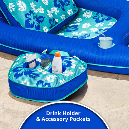 Aqua Campania Ultimate 2-in-1 Pool Float Lounge – Extra Large – Inflatable Pool Floats for Adults with Adjustable Backrest & Cupholder Caddy – Teal Hibiscus