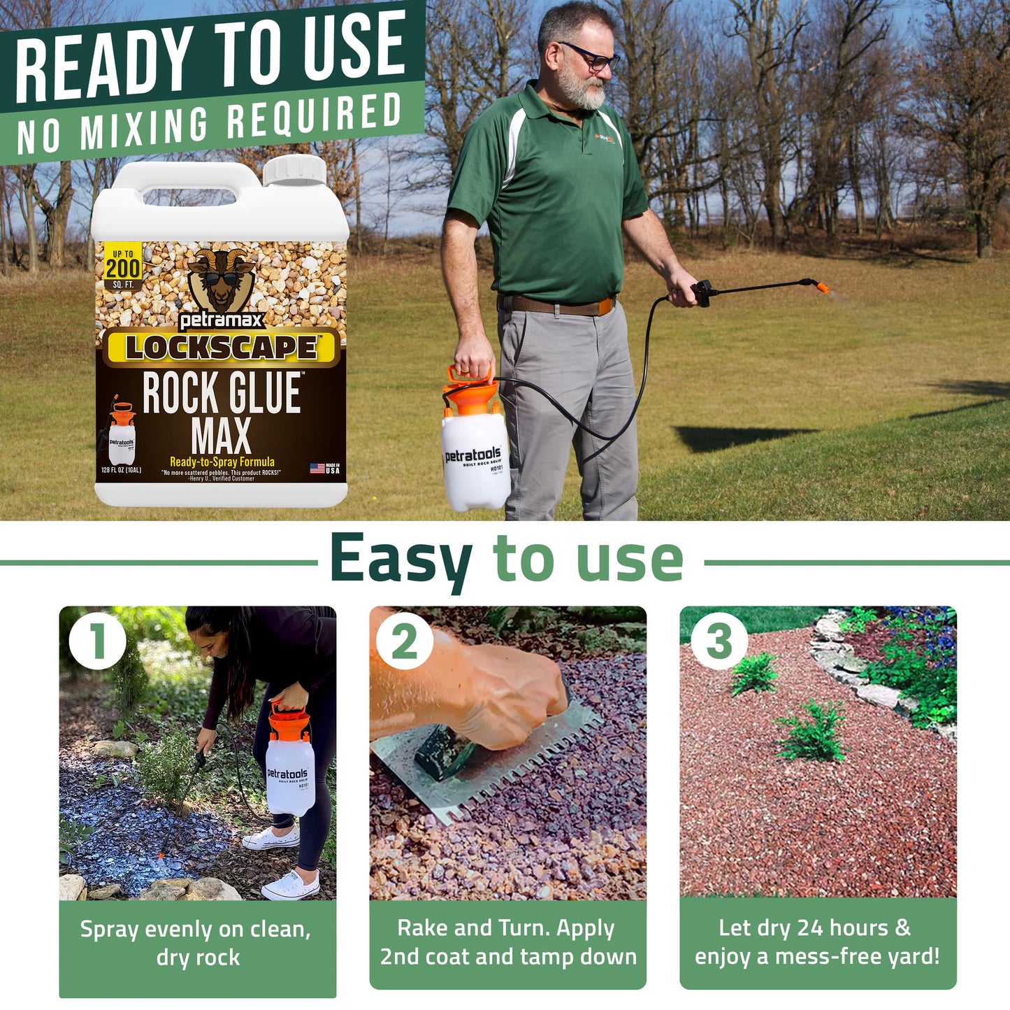 PetraMax Lockscape Rock Glue for Landscaping, 1 Gal (Made in USA) - 100% Permeable & Pet-Safe Landscape Adhesive for Stones & Pebbles - Ready to Spray Pea Gravel Binder & Mulch Glue for Landscaping