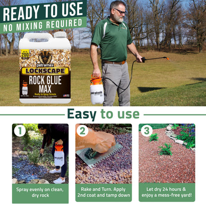 PetraMax Lockscape Rock Glue for Landscaping, 1 Gal (Made in USA) - 100% Permeable & Pet-Safe Landscape Adhesive for Stones & Pebbles - Ready to Spray Pea Gravel Binder & Mulch Glue for Landscaping