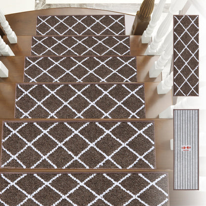 Non-Slip Stair Treads for Wooden Steps Indoor, 15 Pack 9" X 28" Edging Stair Carpet Mat with TPE Backing, 0.4" Thick Stair Runners for Kids Elders & Pets, 100% Polyester Stair Rugs, Brown&White