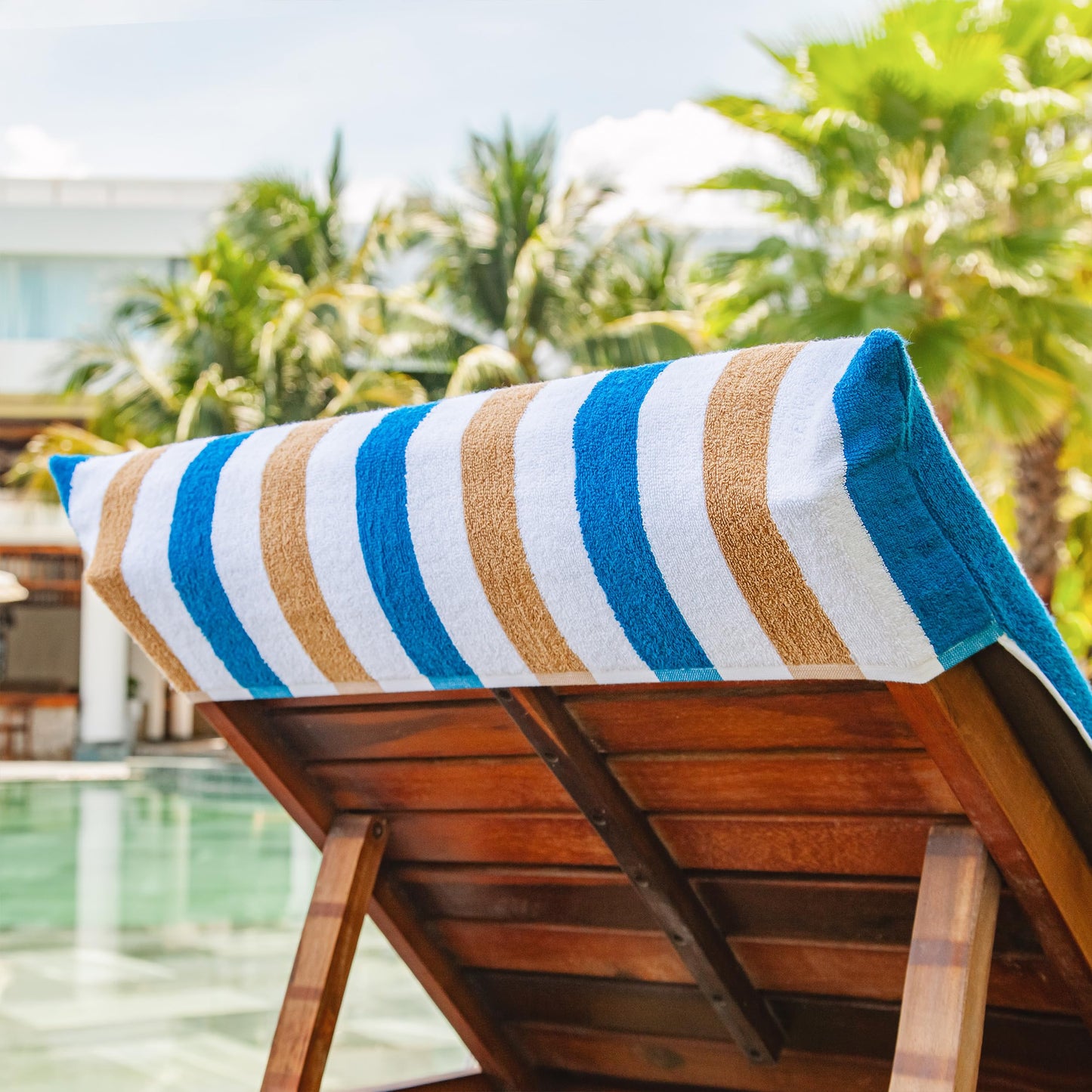 Arkwright Cabo Chaise Lounge Cover Towel with Pocket - Pack of 2 - Striped 100% Cotton Cabana Cover for Beach Pool Outdoor Chairs, 30 x 85 in, Royal Blue/Café Ole