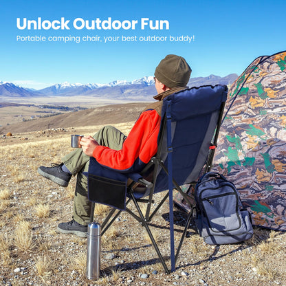 HIGH POINT SPORTS Oversized Camping Chairs for Adults, High Back Heavy Duty Lawn Folding Chair Support 500LBS, Padded Portable Outdoor Chair with Cup Holder, Blue