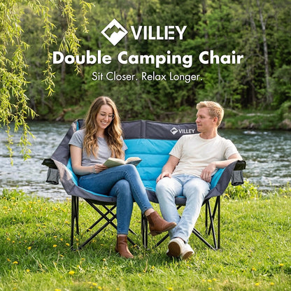 VILLEY Oversized Double Camping Chair for Adults, Heavy-Duty Folding Loveseat Camp Chair with Cup Holders, 2 Person Outdoor Chair Supports up to 900 lbs for Camping, Beach, Lawn & Sports