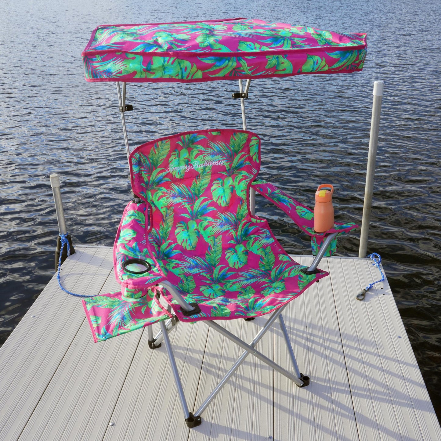 Tommy Bahama Extra-Wide Folding Beach Chair with Max Shade Canopy, Side Table, and Cup Holders, 25" W Outdoor Portable Camping Chair with Canopy, Supports up to 500 lbs., Pink/Green