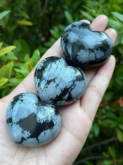 GAF TREASURES Snowflake Obsidian Gemstone Hearts, Polished Snowflake Obsidian Puffy Hearts, Snowflake Obsidian Crystal Palm Stone, Snowflake Obsidian Healing Crystal Hearts (1 Heart)