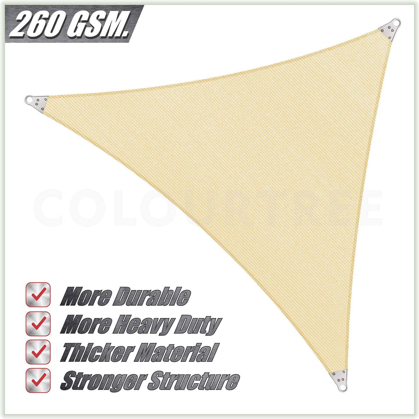 ColourTree Super Ring 16' x 16' x 16' Beige Triangle Sun Shade Sail, Commercial Grade UPF50 Canopy, Reinforced Corners & Edges, 260 GSM Fabric Heavy Duty -5 Years Warranty (We Make Custom Size)