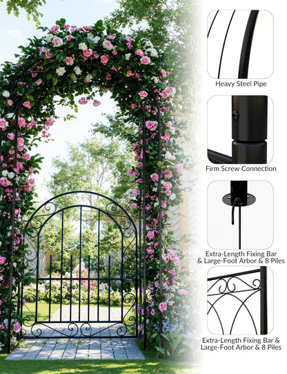 GarveeLife 7 FT Elegant Garden Arch with Gate - Romantic Steel Wedding Arbor for Climbing Roses & Vines, Decorative Metal Archway for Lawn, Patio or Backyard, Classic Black