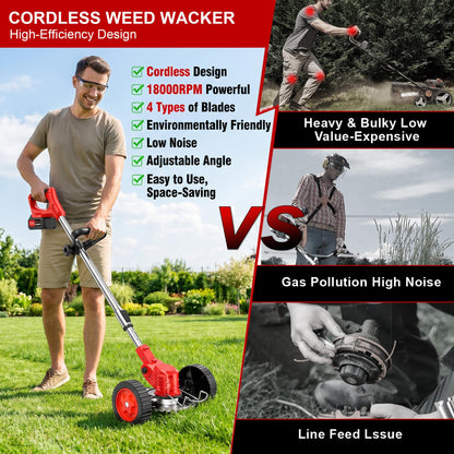 21V Cordless Weed Wacker with Wheels, 3-in-1 String Trimmer/Lawn Edger/Brush Cutter, 2x2.0Ah Battery & 3 Blades, Adjustable Height, Lightweight & Easy for Thick Weeds & Small Yards – Homeowner