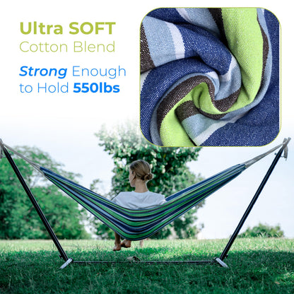 Backyard Expressions Double Camping Hammock with Steel Stand & Carrying Bag, Adjustable Height, Ultra Soft Cotton Blend, 550 lb Capacity, Indoor & Outdoor Portable Hammock