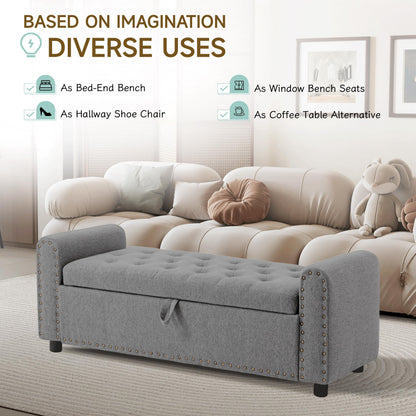 Ottoman with Storage, Tufted Storage Bench for Bedroom, 48" Fabrics End of Bed Bench, Upholstered Entryway Shoe Benches with Rolled Arm & Inner Zipper, Window Ottomans Chest with Rivets, Drak Grey