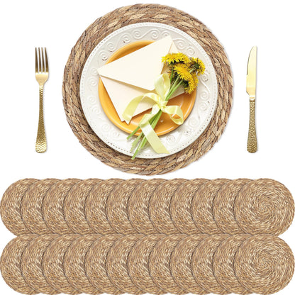 Kochorie Set of 24 Round Woven Placemats 12 Inches Bulrush Placemats Natural Hand-Woven Boho Rattan Placemats Wicker Table Mats Farmhouse Weave Place Mats for Home Dining Table