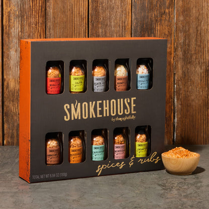 Smokehouse by Thoughtfully, Gourmet Grilling Spice Set in Mini Glass Bottles, Vegan and Vegetarian, Grill Seasoning Flavors Include Caribbean, Jamaican Jerk, Jalapeno, Montreal and More, Pack of 10