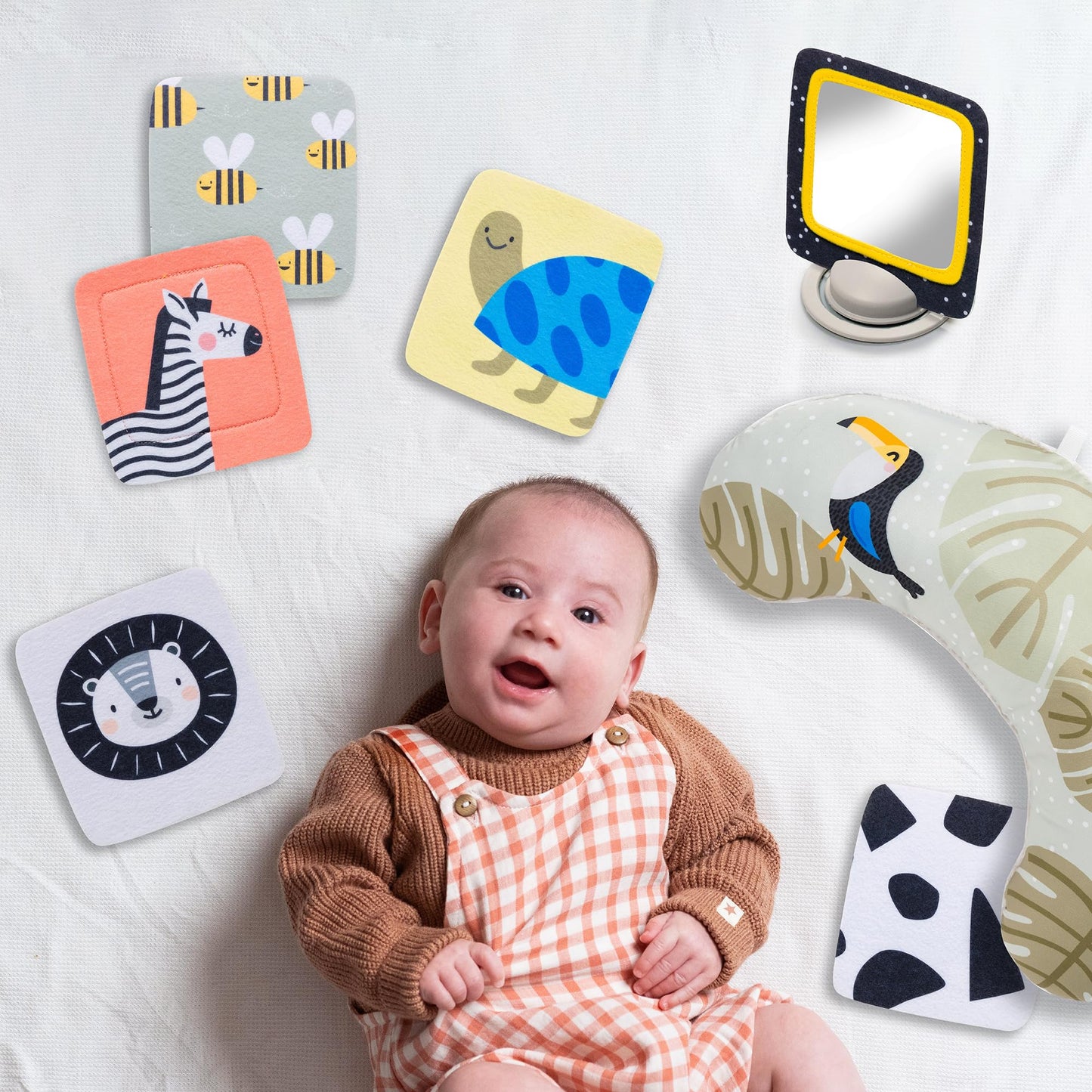 Taf Toys Tummy Time Set with Ergonomic Toy, Double-Sided High Contrast Black & White Flash Cards & Mirror Card, Developmental Baby Play Mat Accessories & Card Stands for Newborn Infant Tummy Time