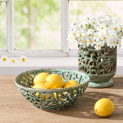SIDUCAL Ceramic Fruit Bowl for Kitchen Counter,Decorative Fruit Basket with Holes, 10.43" Large Hollow Out Fruit Vegetable Holder Bowl for Table Decor, Blue
