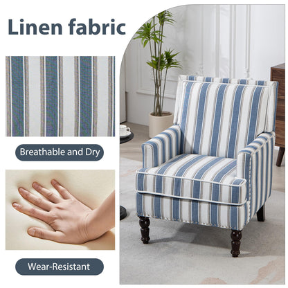 WakeZero Accent Chair, Comfy Cozy Modern Mid-Century Accent Chairs, Linen Upholstered Lounge Arm Chair with Solid Wood Reading Side Padded Single for Living Room/Office/Balcony/Bedroom-Blue Stripe