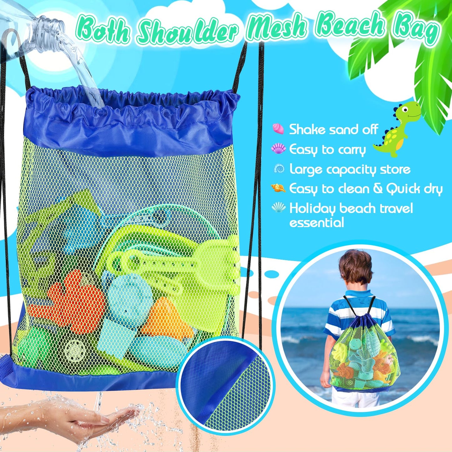 Beach Toys, 36Pcs Dinosaur Sand Toys for Kids Toddlers, Sandbox Toys with 2 Truck, Collapsible Beach Bucket, Mesh Bag, Sand Molds, Sand Castle Building Kit, Travel Beach Toy for Kids Toddlers Ages3-12
