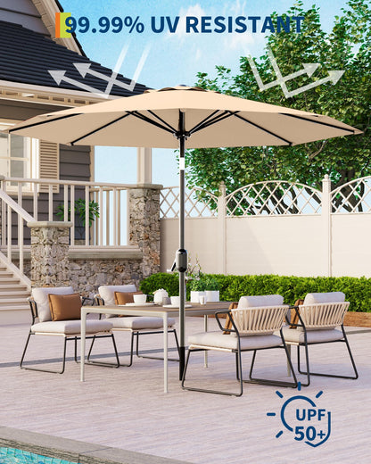 GarveeLife 10 ft Patio Umbrella with Solar Lights, 8 Ribs Outdoor Market Table Umbrella with 40 LED Lights & Tilt Crank for Pool, Deck, Backyard (Tan)