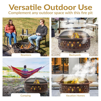 Sunnydaze Crossweave Outdoor Fire Pit - Wood-Burning Fire Pit for Outside with Spark Screen, Poker and Round Cover - 36-Inch - Bronze
