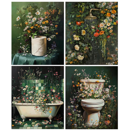 Foritho 4 Pack Vintage Moody Botanical Bathroom Diamond Art Kits for Adults, Dark Cottagecore Flower Bathroom Diamond Painting Kits, DIY Diamonds Gem Art Painting for Home Wall Decor, 9.8x11.8 Inch