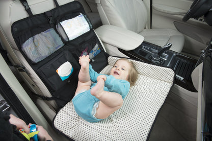 Beanko Baby Portable Diaper Changing Station for Your Car | Waterproof, Detachable, Toy Loops, 4 Pockets, Wet Wipes Holder, Tummy Time Mat, Kick Mat, Tablet Holder | LUMI - Black with Ministars