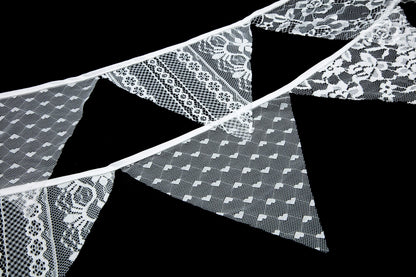 LOVENJOY White Floral Lace Pennant Banner, Fabric Triangle Lace Bunting Flag Garland - 10.8 Feet