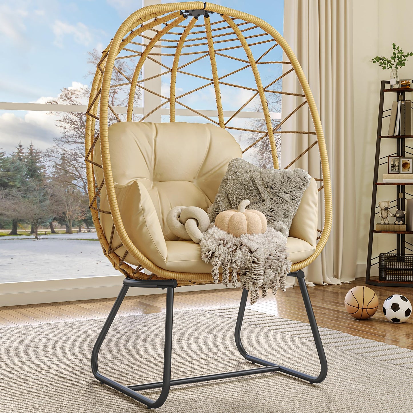 YITAHOME Egg Chair with Stand Outdoor Indoor Egg Lounge Chair with Cushion Wicker Chair PE Rattan Chair Included for Patio, Garden, Backyard, Porch, Beige