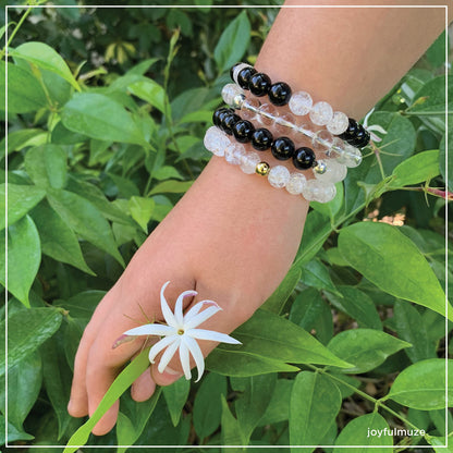 Joyfulmuze Tourmaline and Clear Quartz Bracelet, Black and White Crystals, Chakra Energy Healing, Handmade Jewelry for Women and Man, Fit 6.5-7 inches Wrist (Tourmaline - Clear Quartz)