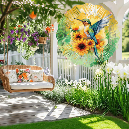 Hummingbird Wind Spinner Outdoor, Gift for Women Men, Hanging Metal Wind Catcher with 5" Sunflower Center Pendant, 12" 3D Stainless Steel Kinetic Art for Garden Yard