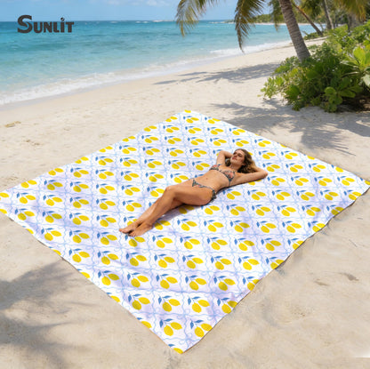 Sunlit Large Beach Blanket Waterproof Sand Proof, 81" x106" Sand Free Mat with Corner Pockets and Storage Bag, for Travel Beach Camping Outdoor Festival, Chic Summer Accent Lemon Lattice