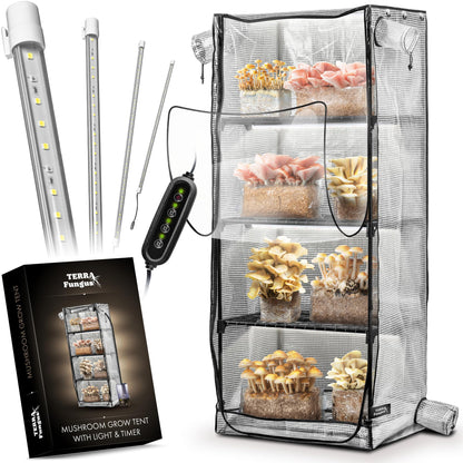Mushroom Grow Tent with 6500K LED Light & Timer, 4-Tier Shelves Fit Up to 8 Monotubs, Mini Indoor Greenhouse with Grow Light, Waterproof Tray, 4 Vents, Martha Tent