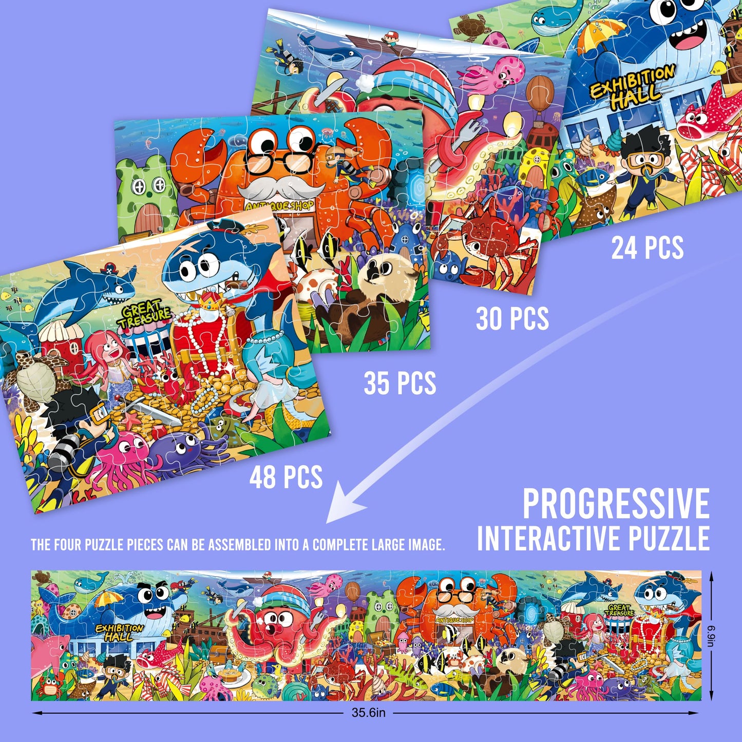 Underwater Ocean Puzzles for Kids Ages 3-8，4 Pack Progressive Jigsaw Puzzles (24/30/35/48 Pieces) for Toddlers & Children，Educational Floor Puzzles for Gifts
