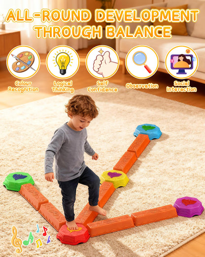 kenvc Stepping Stones for Kids, Light Up Musical Balance Beam and Non-Slip Toddler Balance Stones, Toddler Indoor or Outdoor Play Obstacle Course, Sensory Toys Play for Family Active Kids Ages 3+