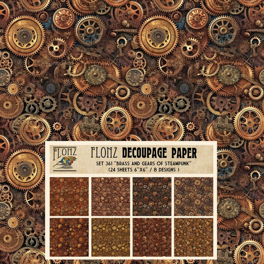 Decoupage Paper Pack (24 Sheets 6"x6") of Steampunk Brass Gears # Vintage Styled Pattern Paper for Decoupage, Craft and Scrapbooking
