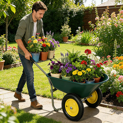 Ultym 2 Wheel Wheelbarrow, Dual-Wheel Garden Dump Cart with 13" Non-Slip Pneumatic Tires & Ergonomic Padded Handle, Heavy-Duty Home Utility Yard Cart Wagon with 4.5 Cu Ft Capacity for Lawn, Gardening