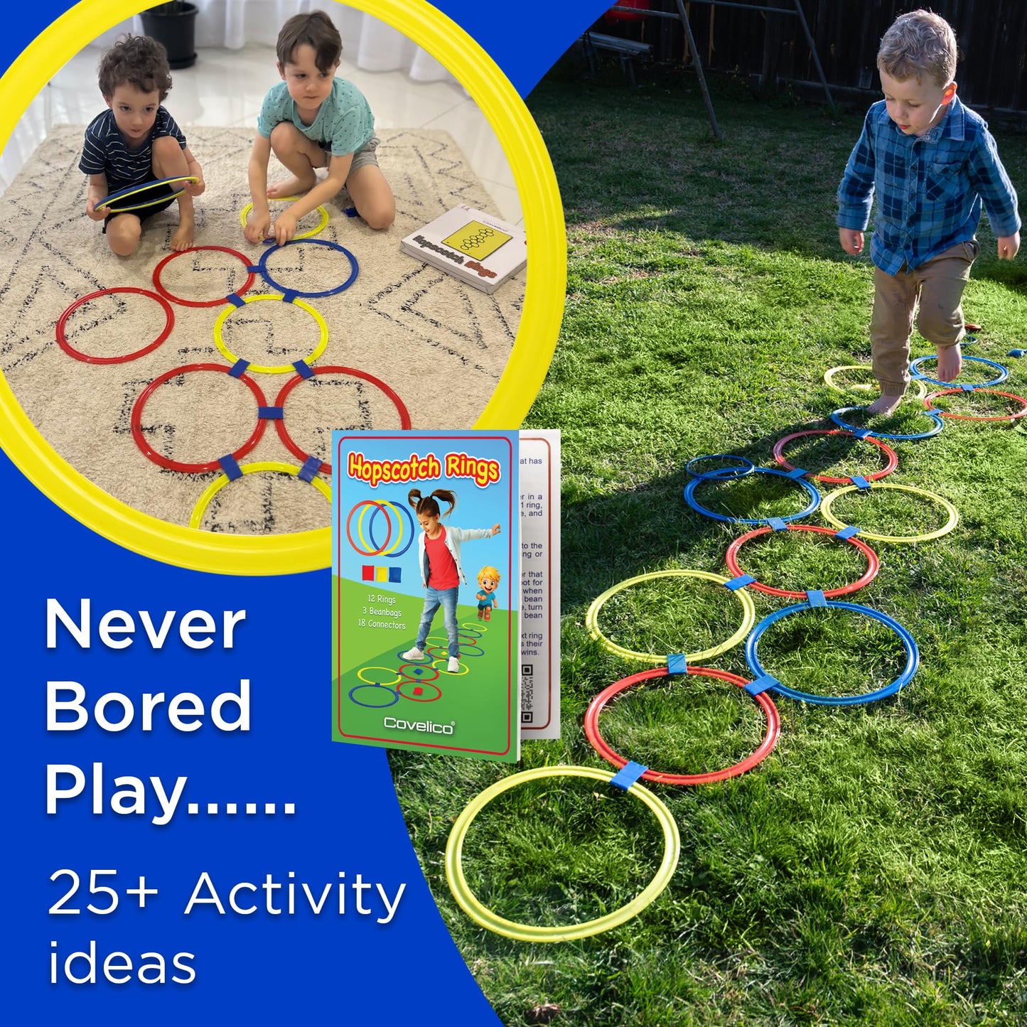 Covelico Hopscotch Rings, 12 x 11 Inch Rings & 3 Bean Bags, Play Hopscotch Outdoor & Indoor Obstacle Course for Kids 3-5, Recess Toys & Physical Education Equipment, Gross Motor Games PE Equipment