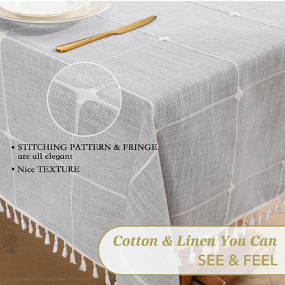 Oubonun Tablecloths for Rectangle Tables, Cotton Linen Waterproof Farmhouse Table Cloth with Boho Tassels – Wrinkle Free, Wipeable & Washable for Kitchen & Dining, 55''x70'', 4-6 Seats, Grey