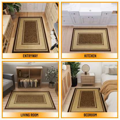 Ottomanson Area Rug 3'3" x 5' – Non Slip Rubber Backed Indoor Rug, Low Pile Accent Rug for Living Room, Bedroom, Entryway, Kitchen, Durable Floor Carpet, Border Brown