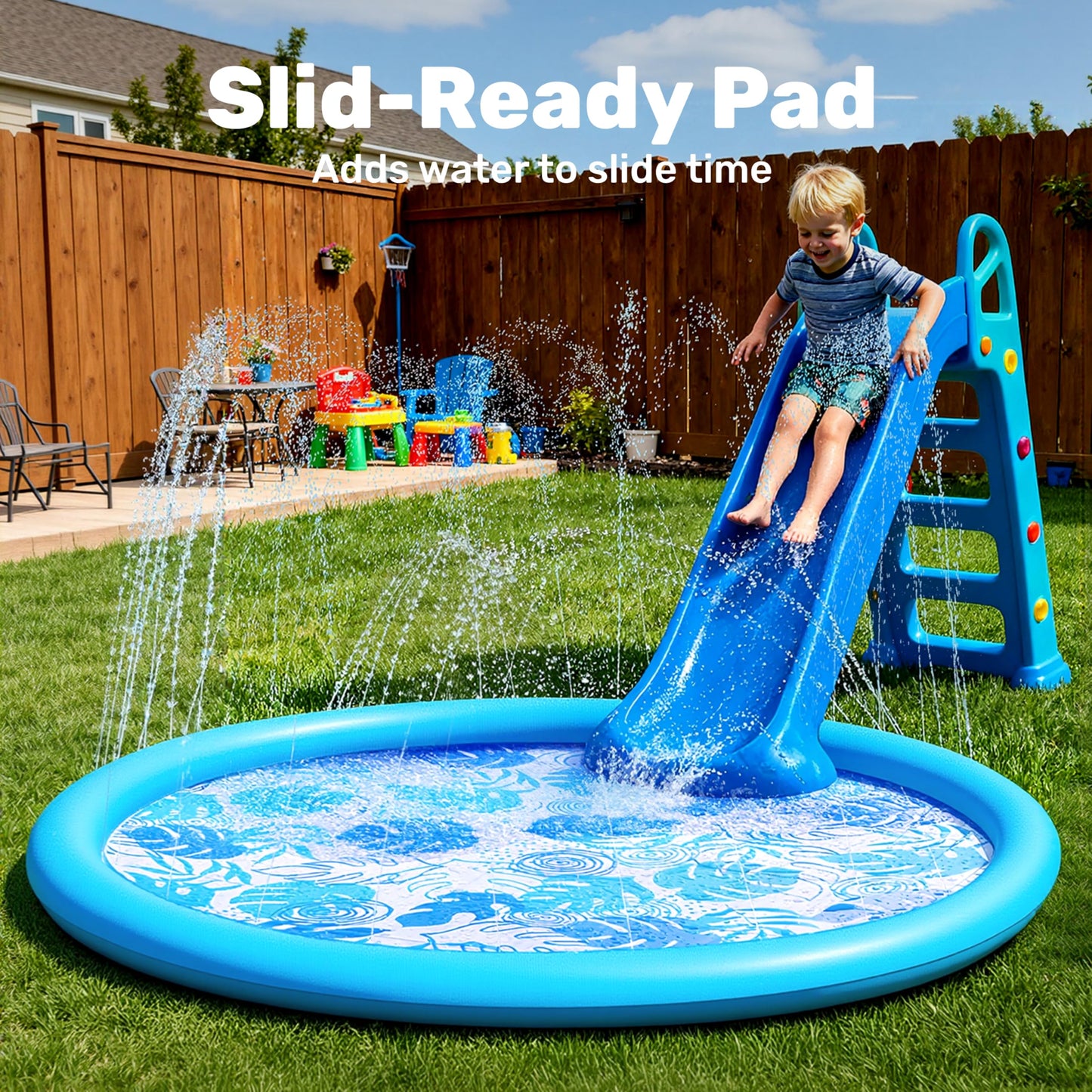 SLOOSH Splash Pad Sprinkler Mat - 6ft Tropical Leaves Outdoor Water Play Toys for Kids Dogs, Backyard Party in Summer Decor Outside Water Games Fountain Pool Children Boys Girls Toddlers Baby (Blue)