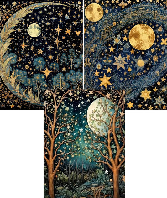 YULIDECO Vintage Moon & Stars Diamond Art Kits for Adults,5D Botanical Diamond Art 3-Piece Set,DIY Full Drill Diamond Painting Kit,Home Wall Decor Diamond Painting(12x16 Inch)