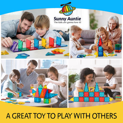 SUNNY AUNTIE Magnetic Tiles 123 PCS with 2 Cars & Storage Bag – Magnetic Building Tiles STEM Toy for Kids Ages 3-8, Magnet Construction Set for Boys & Girls
