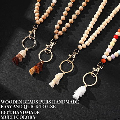 Sintuff 12 Pieces Wood Beaded Lanyard Card Holder Set, Including 4 Wooden Bead Neck Bohemian Lanyards with Tassel and 8 Clear Waterproof ID Card Holder, Nurses Employees Teacher Appreciation Gifts