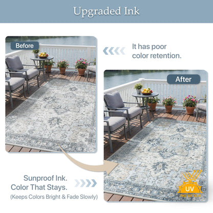 GENIMO Outdoor & Indoor Area Rug 10'x14', Waterproof, Non-Shedding, Easy Cleaning, Boho Mat for Patio, Living Room, Balcony, Dining Room, RV, Deck, Bedroom, Camping, Outside Carpet,Blue