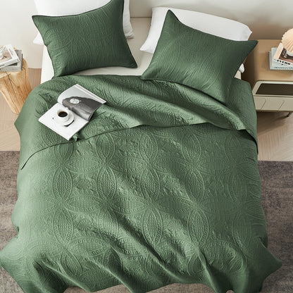 akkialla Queen Quilt Bedding Set,Olive Green Ultrasonic Full/Queen Quilt Set,Lightweight Soft Bedspread Coverlet,Modern Style Coin Pattern Bed Cover for All Seasons,3 Piece(1 Quilt,2 Pillow Shams)