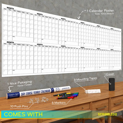 Extra Large 100"x36" Dry Erase Monthly Planner – 12-Month Whiteboard Calendar Includes 6 white Board Markers Eraser Push Pins & Mounting Tape