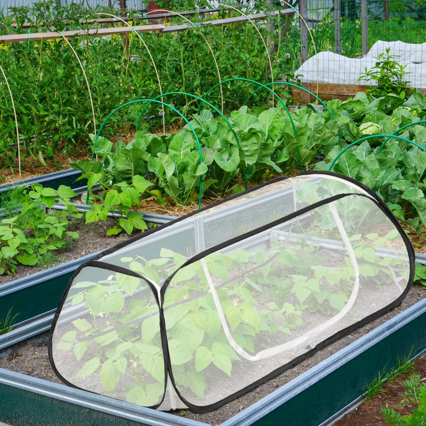 2 Pcs Pop Up Garden Rows Plant Cover, 46" x 22" x 16" Raised Garden Beds Vegetable Rows Plant Protector, Insect Bird Barrier Plant Net Cage with Stakes for Protecting Seedlings Fruits Vegetable Row