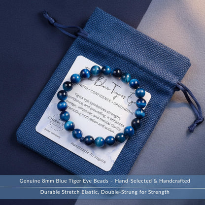 Cherry Tree Collection – Handmade Crystal Beaded Stretch Bracelets with Jade Blue Tiger's Eye for Women & Men - 8mm Round Gemstone for Protection, Balance & Luck - Medium