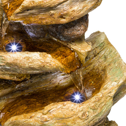 Alpine Corporation TZL226 Outdoor 4 Tier Log Tree Trunk Waterfall Floor Fountain with LED Lights, Tiered Garden Décor, 24" H, Brown